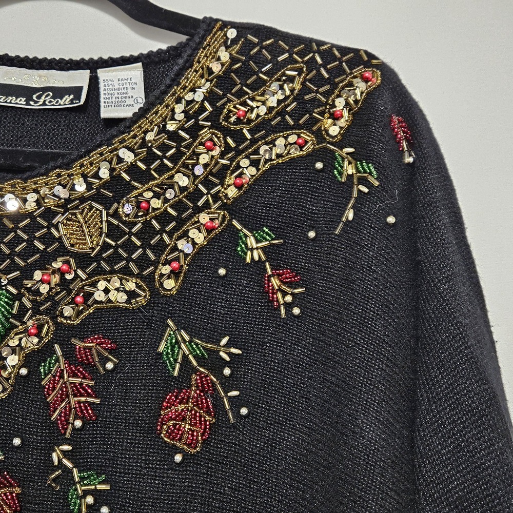Vintage Dana Scott black sweater beaded sequined holiday embellishment large - Picture 3 of 11